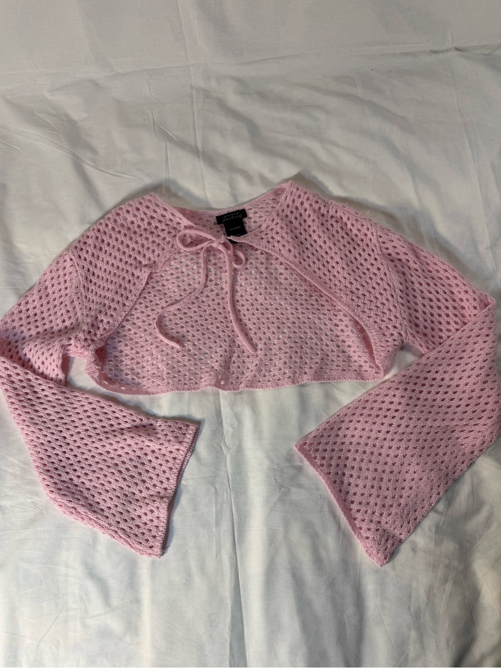 Light Pink Open-Knit Cropped Shrug Sweater with Tie Neck